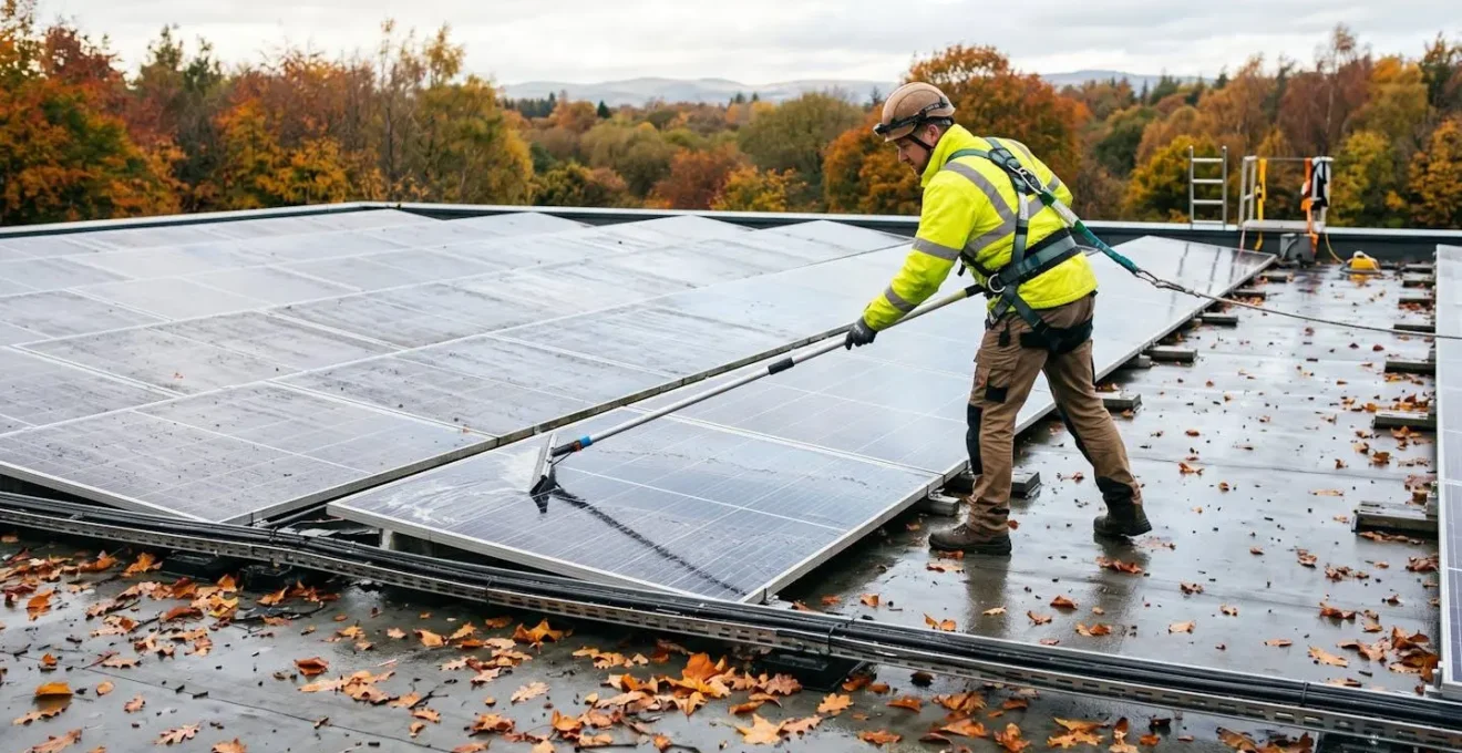 Opérateur nettoyant des panneaux photovoltaïques sur toit terrasse à l'aide d'une raclette à eau déminéralisée, feuilles mortes visibles sur la membrane autour des modules