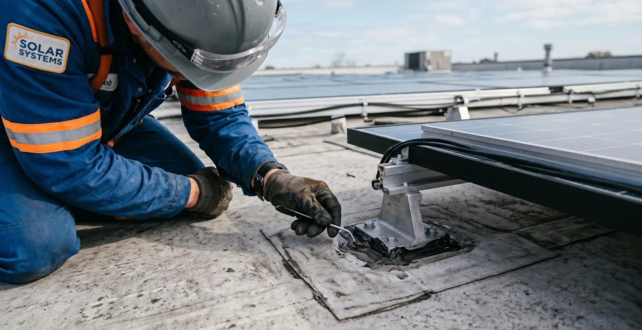 Technicien inspectant la membrane d'étanchéité bitumineuse autour de la fixation d'un panneau solaire sur toit terrasse